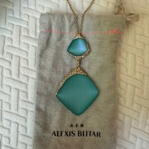 Alexis Bittar Aqua Lucite, Crystal, and Gold Tone two stone Necklace